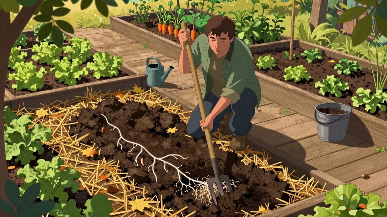 Homem agricultor usando ferramenta para cuidar da raiz de planta em horta com canteiros elevados e vegetais crescidos.