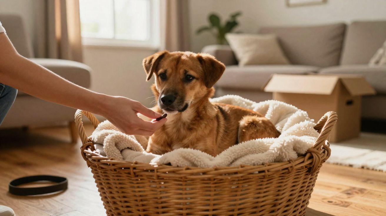 Cachorro marrom em cesta de vime com cobertor, sendo alimentado por uma mão humana dentro de casa.