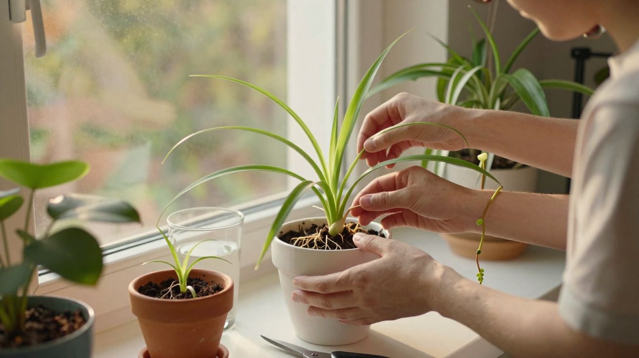 Pessoa cuidando de planta em vaso branco sobre bancada próxima a janela com outras plantas e copo d’água.