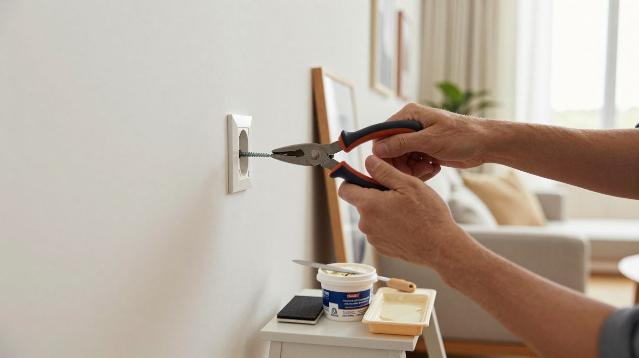 Pessoa usando alicate para retirar parafuso de tomada em ambiente residencial.