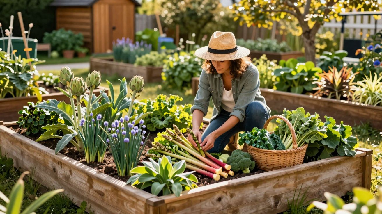 Mulher colhendo legumes em canteiro elevado em jardim ensolarado, usando chapéu de palha.
