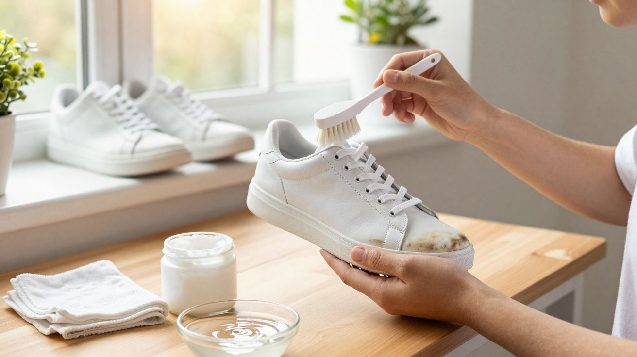 Pessoa limpa tênis branco sujo com escova em ambiente claro com plantas ao fundo.