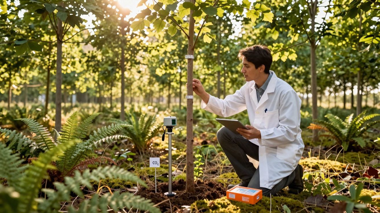 Cientista em jaleco analisa planta em floresta com equipamentos de monitoramento ambiental.