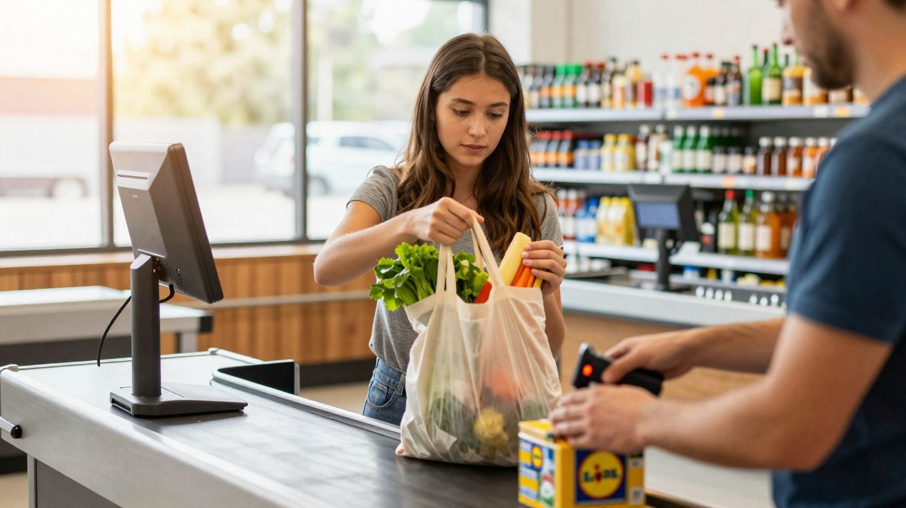 Mulher colocando alimentos em sacola plástica no caixa de supermercado moderno e iluminado.