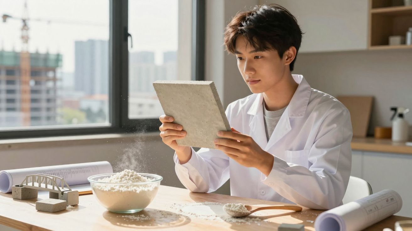 Jovem cientista com jaleco branco examina amostra de material em laboratório claro e organizado.