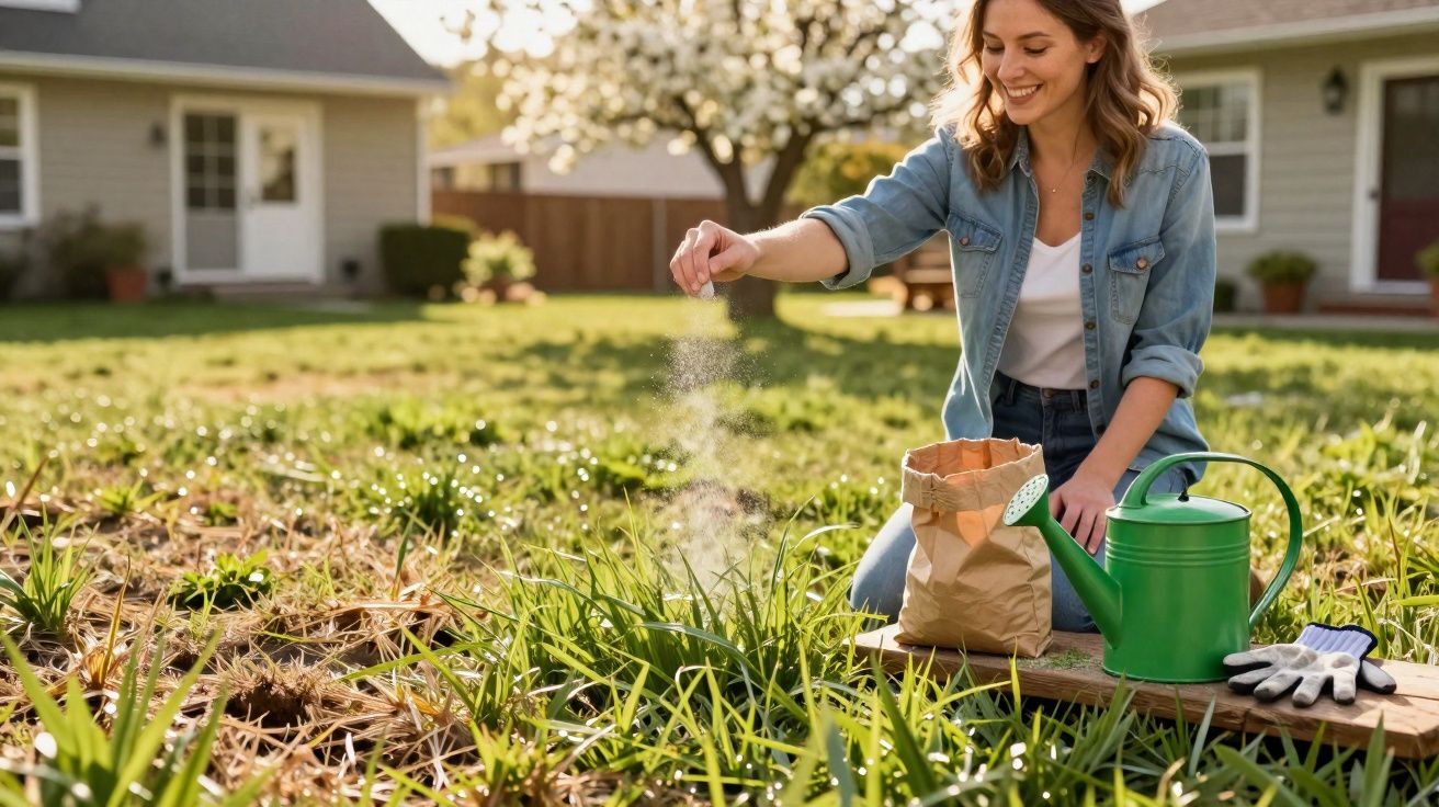 Mulher sorrindo semeando plantas em jardim com regador e luvas ao lado, em jardim residencial.