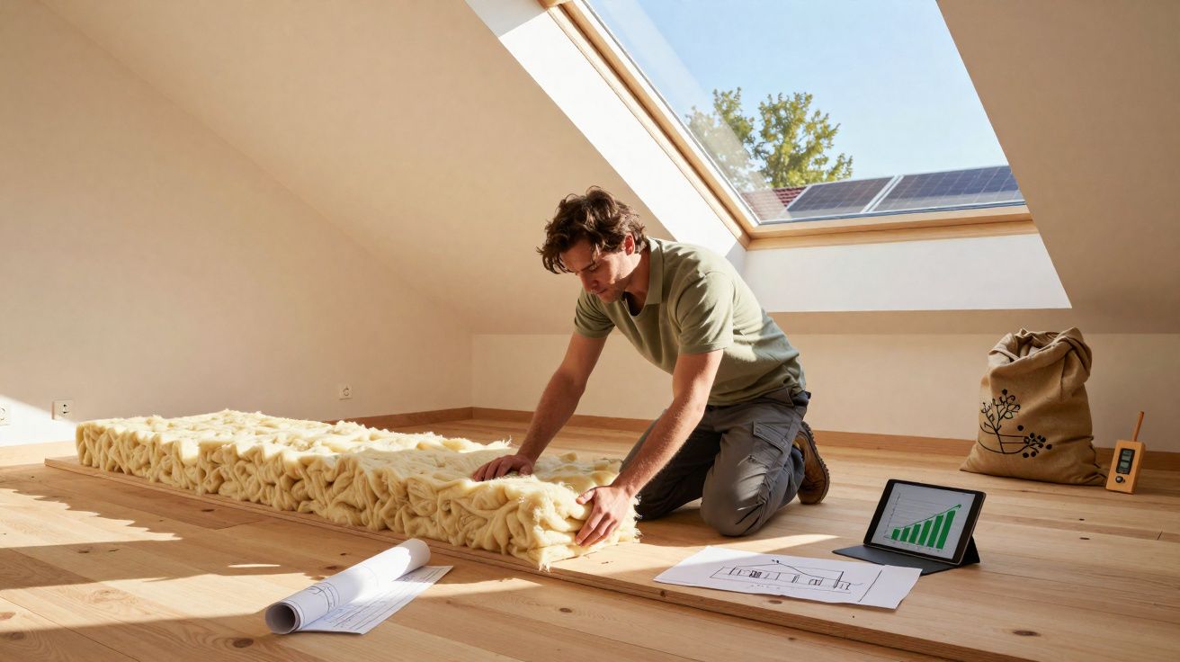 Homem instalando isolamento térmico em sótão com luz natural e plantas solares na janela.