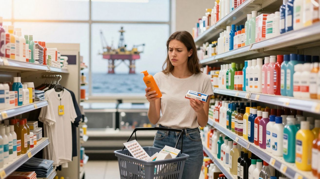 Mulher em loja olhando com dúvida produtos nas mãos entre prateleiras de cosméticos.