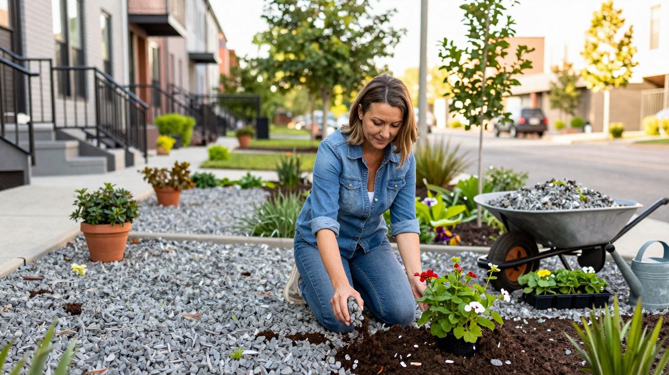 Mulher plantando flores em jardim com pedras e carrinho de mão ao fundo em área residencial.