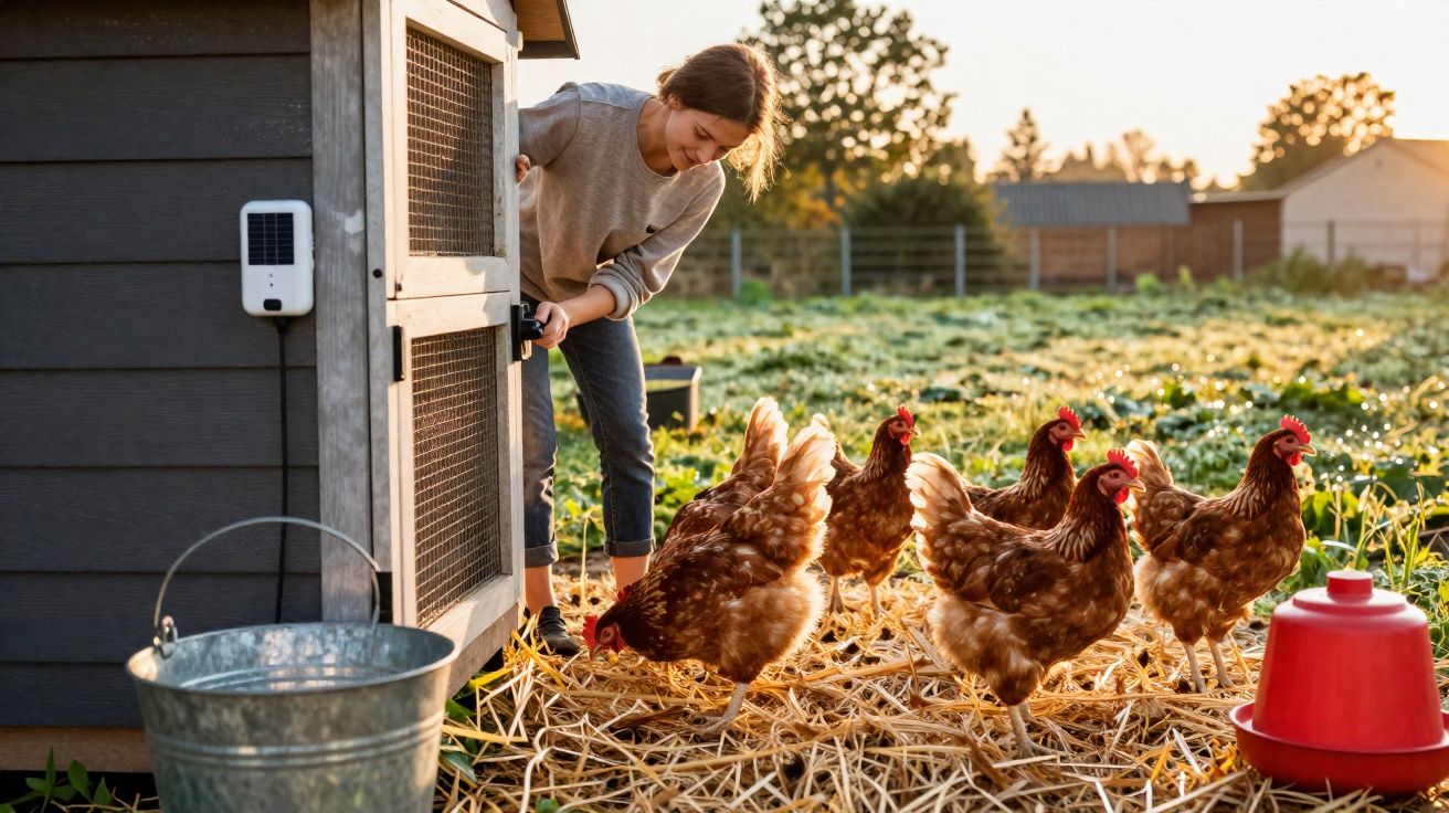 Mulher abrindo o galinheiro enquanto galinhas ciscam na grama ao entardecer em área rural.