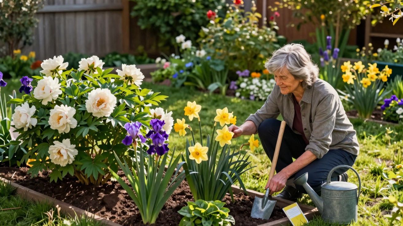 Mulher idosa cuidando de flores amarelas e roxas em um jardim ensolarado.