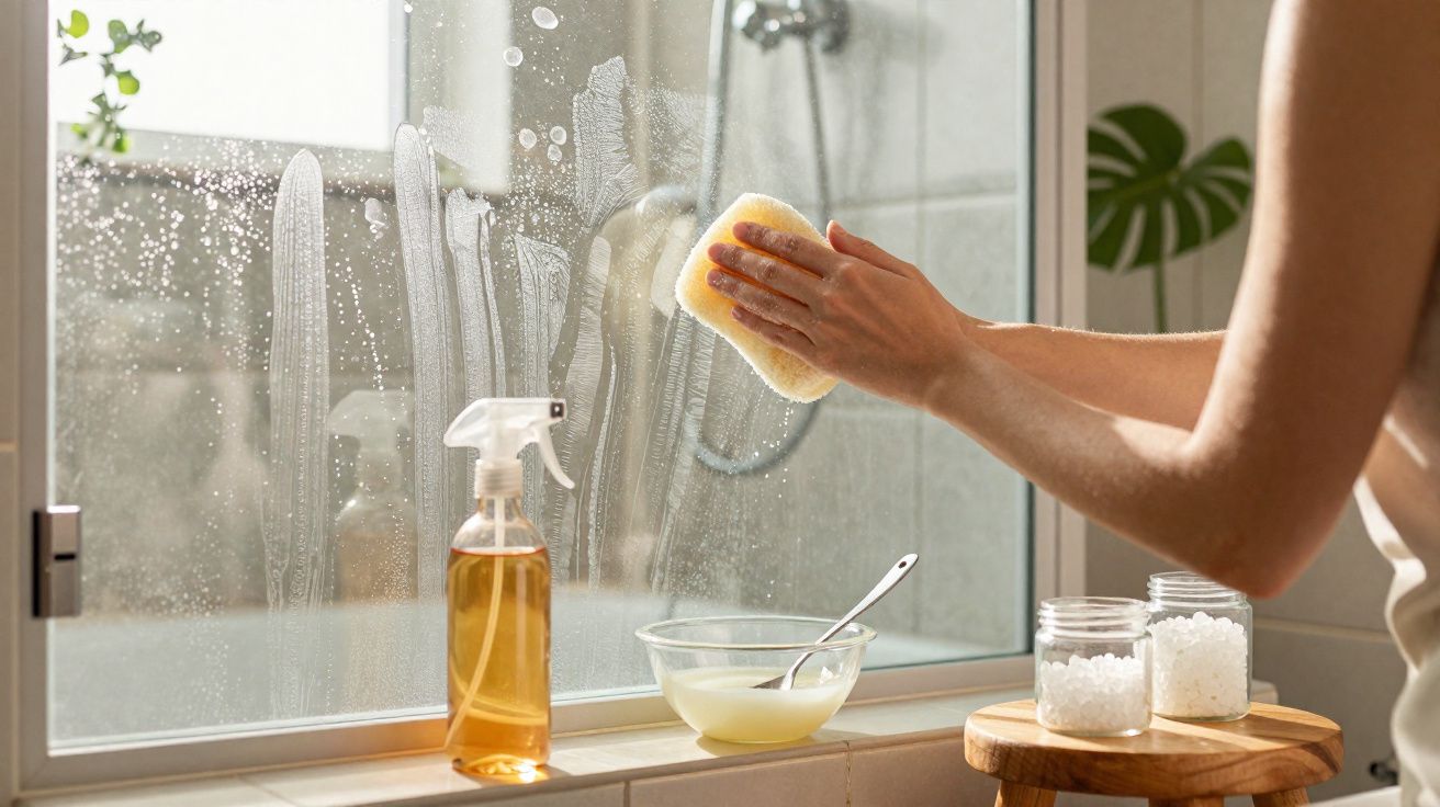Pessoa limpando janela de vidro com esponja, spray de limpeza e utensílios sobre o parapeito.
