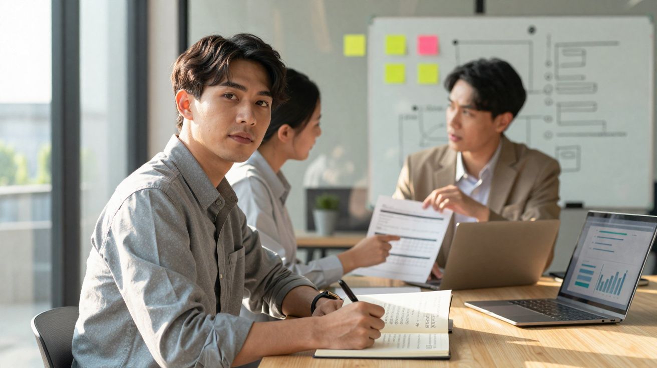Jovens profissionais asiáticos escrevendo e discutindo gráficos em reunião de trabalho em escritório moderno.