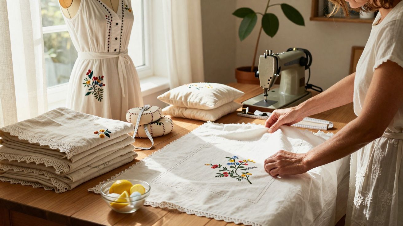 Mulher organizando tecidos bordados em mesa próxima a máquina de costura em ambiente iluminado.