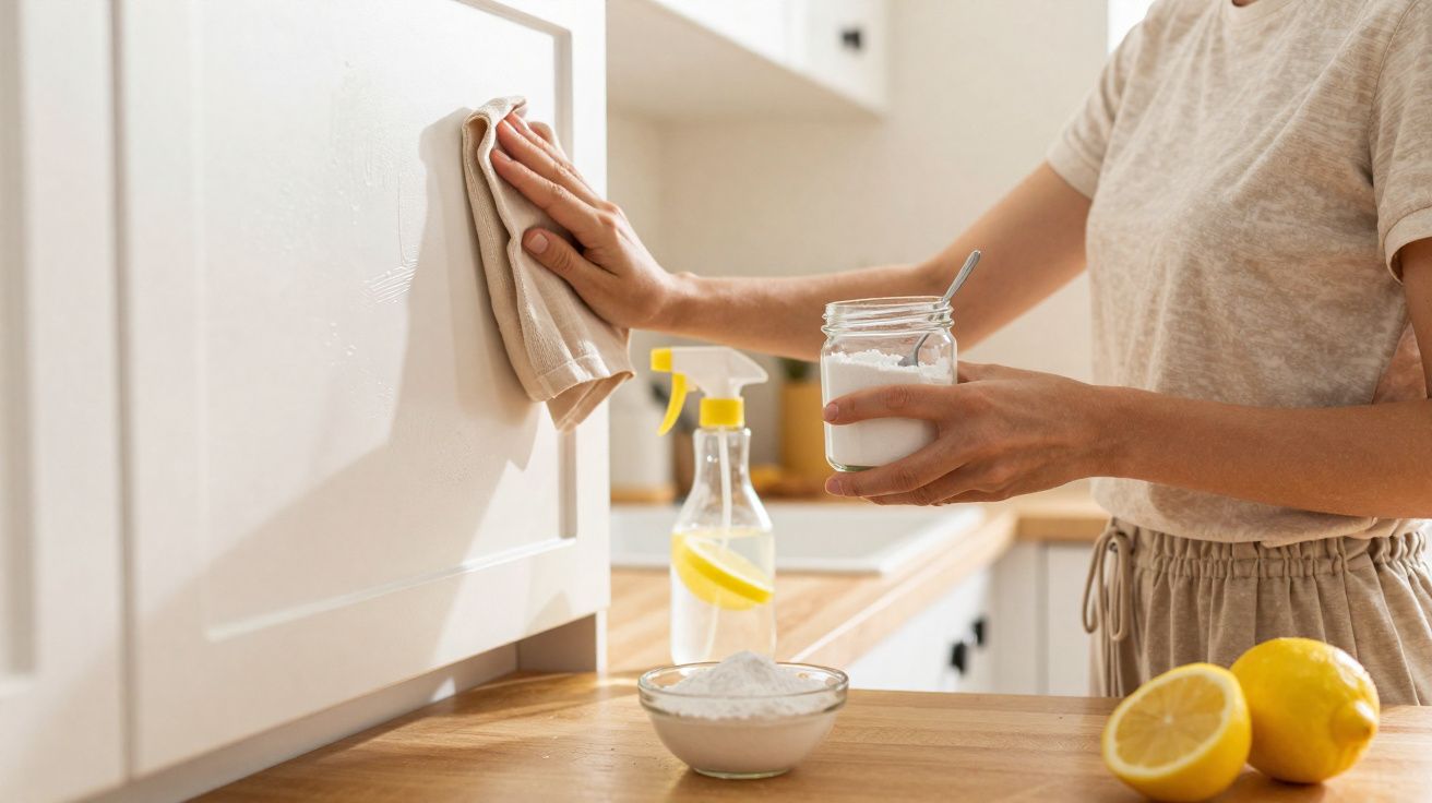 Pessoa limpando armário branco na cozinha com pano, bicarbonato de sódio e spray caseiro de limão.