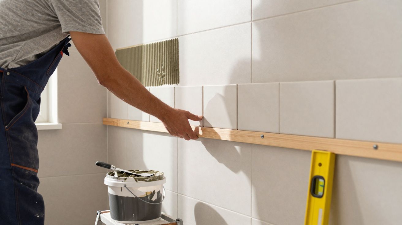 Pessoa instalando azulejos brancos na parede usando régua de madeira e balde com massa.