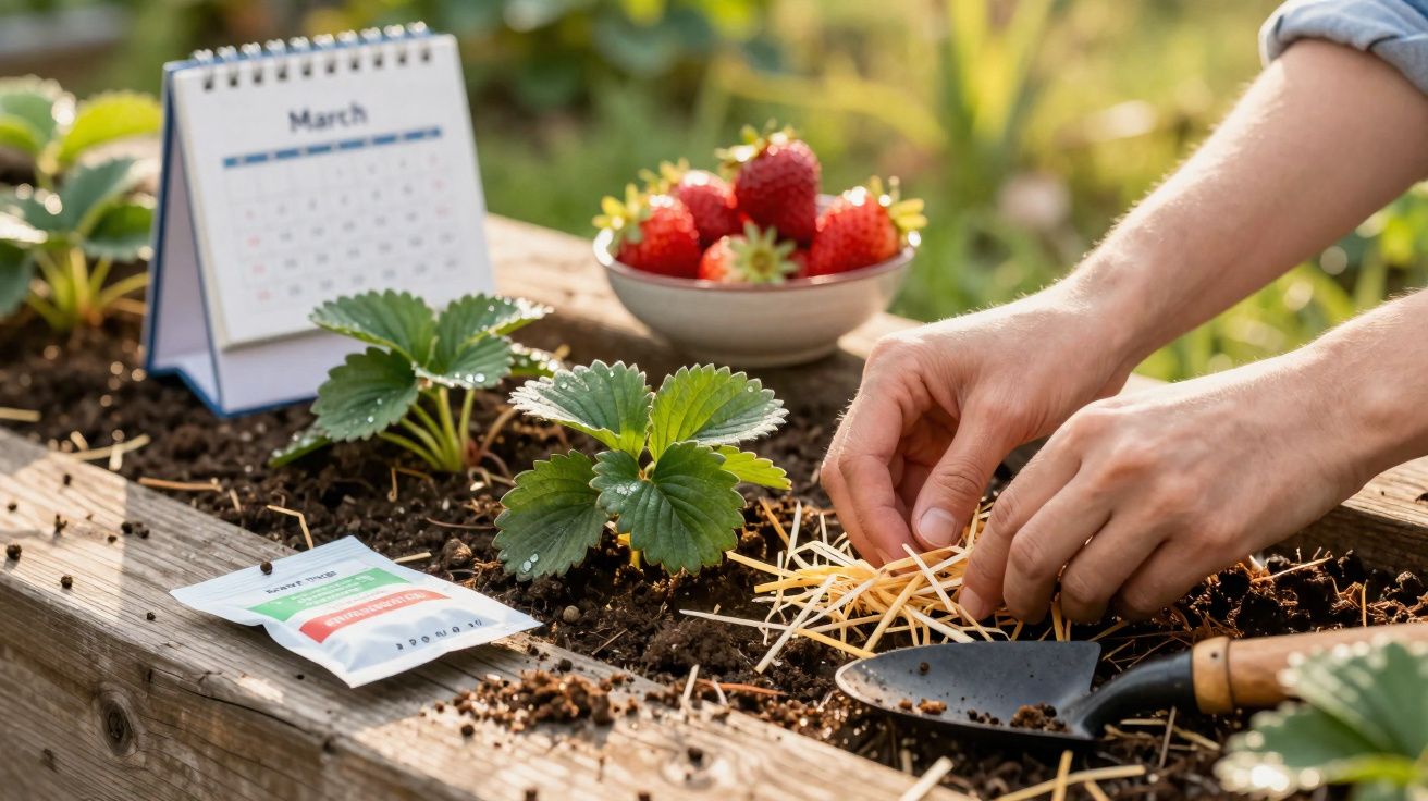 Mãos cobrindo planta de morango com palha em canteiro, com calendário e morangos frescos ao fundo.