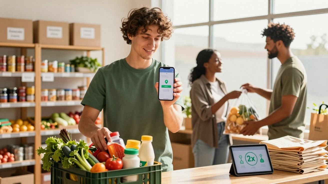 Jovem mostra pedido no celular enquanto organiza doações de alimentos em depósito comunitário.