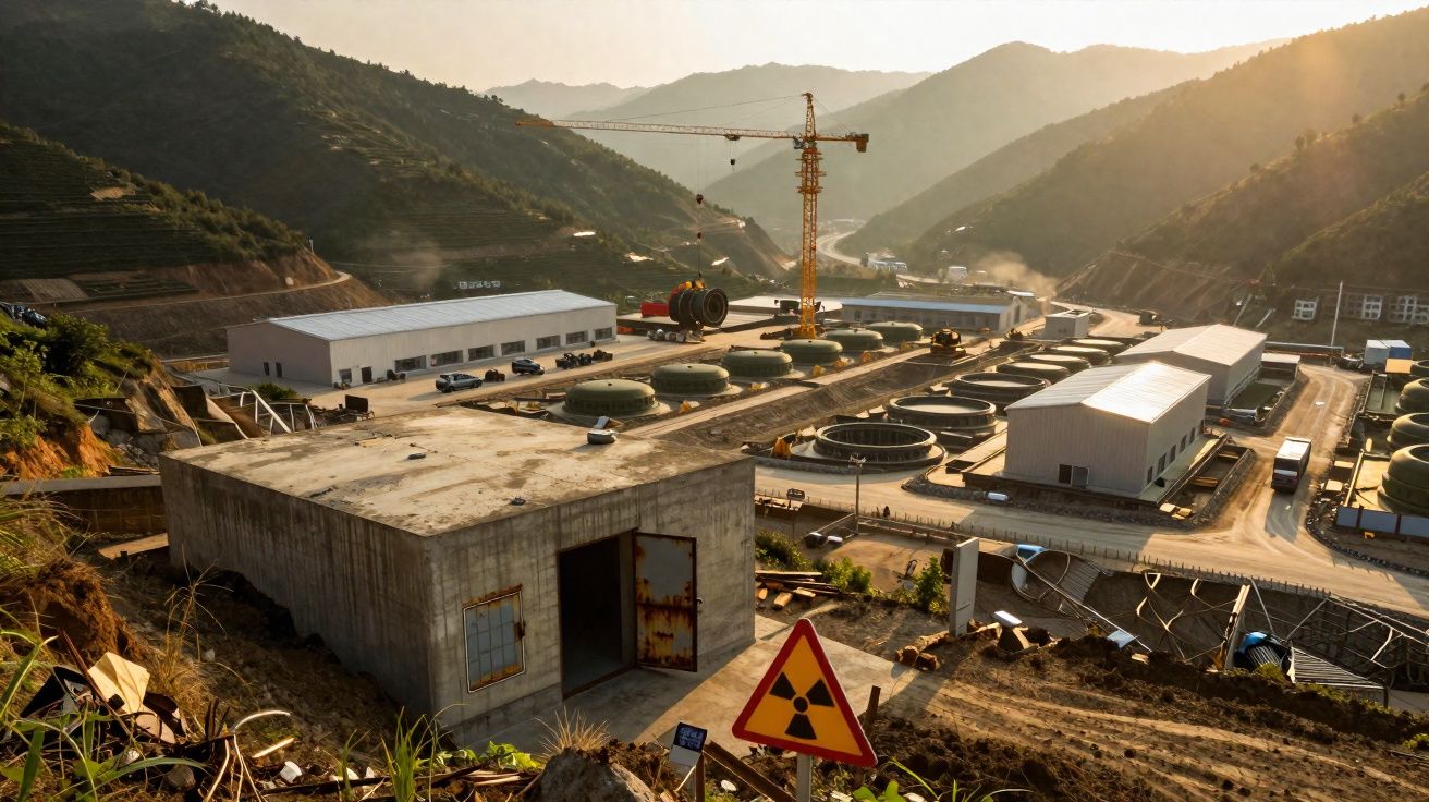 Complexo industrial com tanques circulares, guindaste e sinais de radiação em área montanhosa ao pôr do sol.