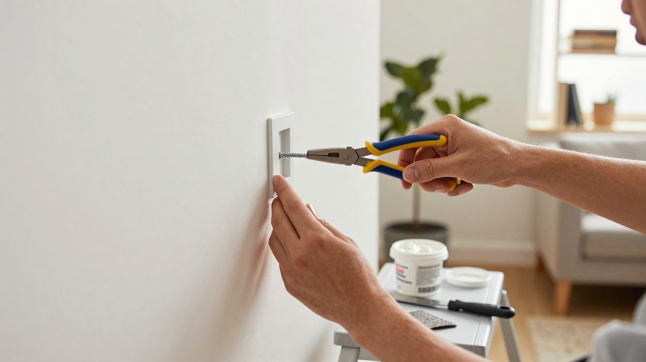 Pessoa usando alicate para apertar parafuso em suporte de parede branca numa sala iluminada.