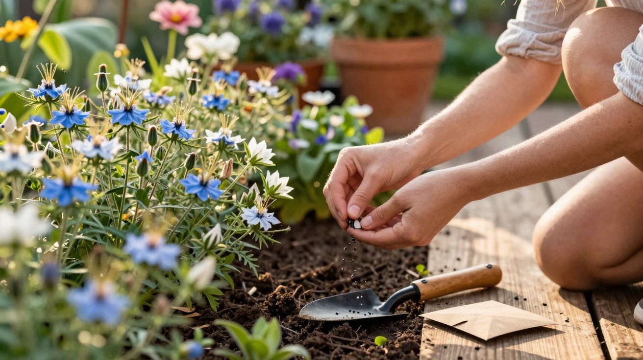 Pessoa plantando sementes em jardim com flores coloridas e ferramenta de jardinagem ao lado.