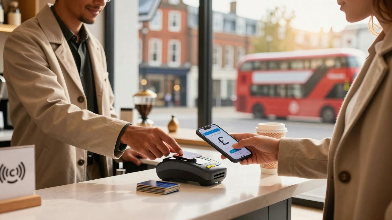 Pessoa realizando pagamento por aproximação com celular em cafeteria urbana com ônibus vermelho ao fundo.