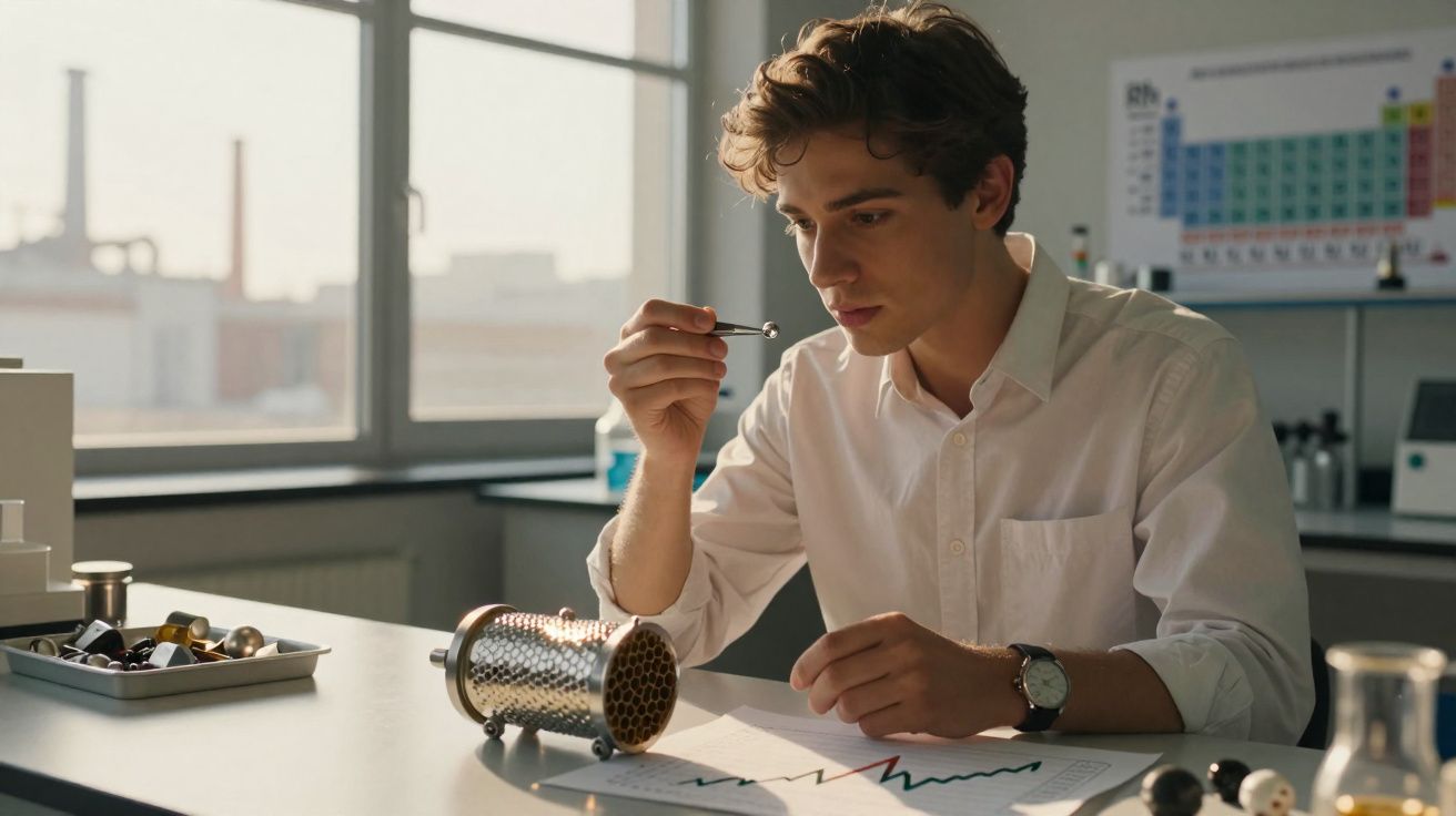 Homem analisa esfera metálica em laboratório com gráfico e tabela periódica ao fundo.