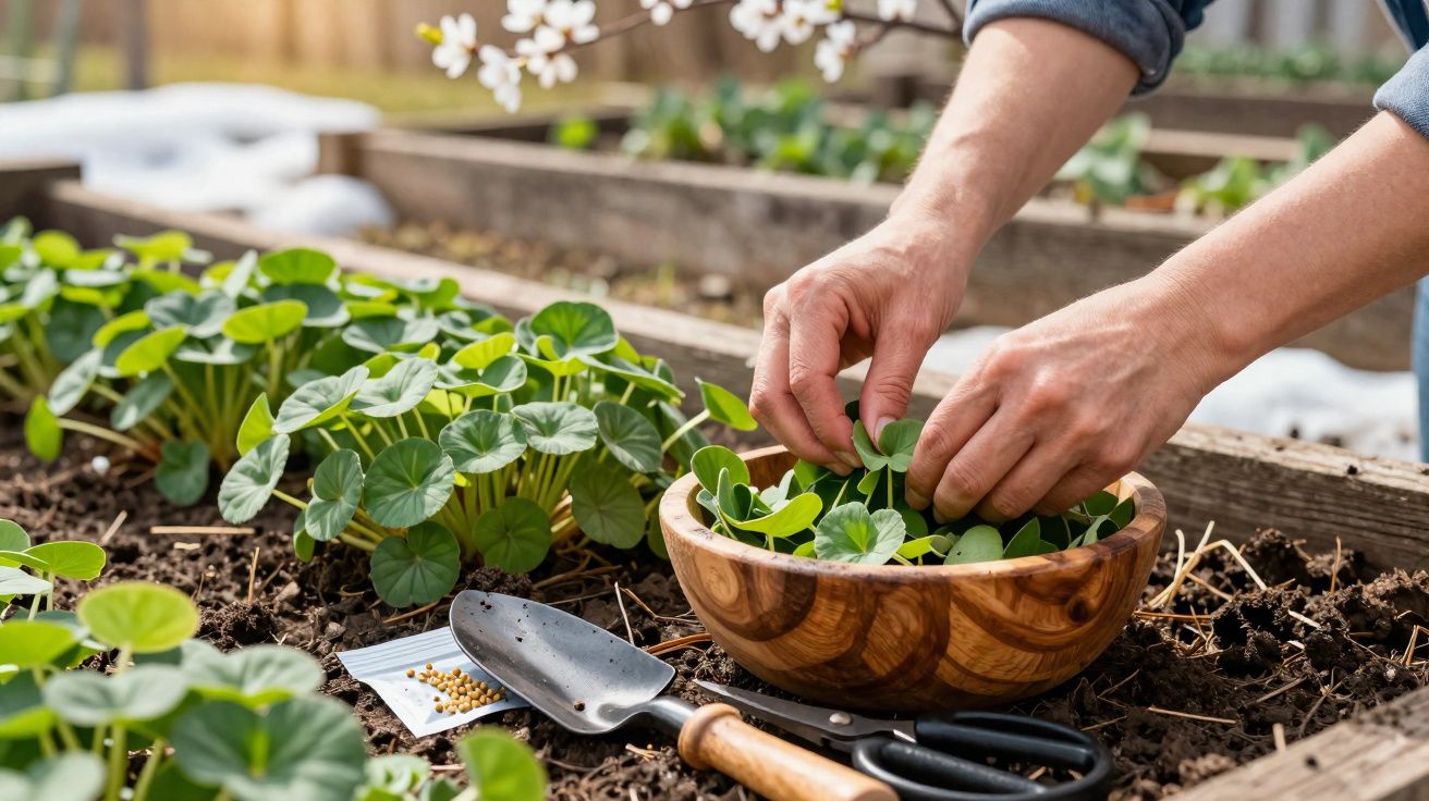 Pessoa colhendo folhas verdes em um jardim, com pá, tesoura e sementes na terra.