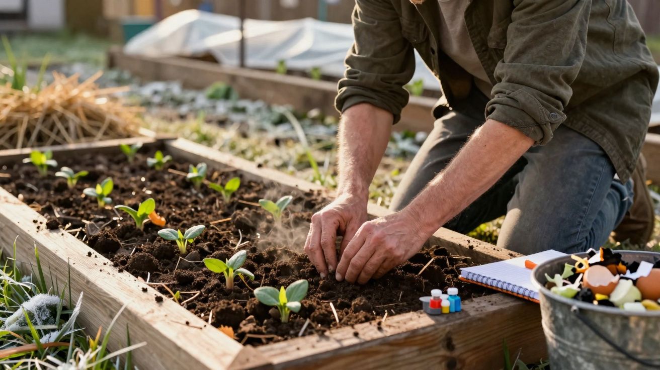 Pessoa plantando mudas em uma horta com solo úmido e caderno ao lado para anotações.
