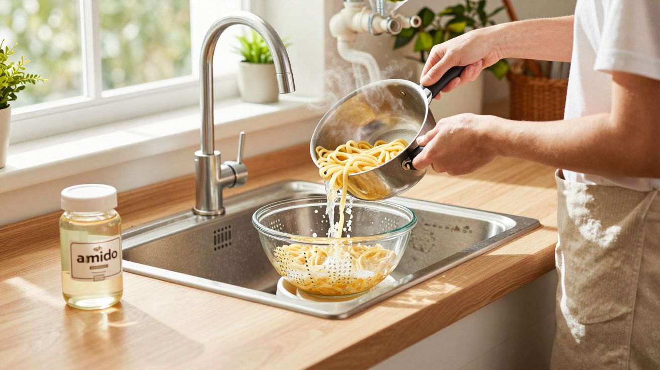 Pessoa escorrendo macarrão em peneira sobre pia de cozinha iluminada por janela com plantas ao fundo.
