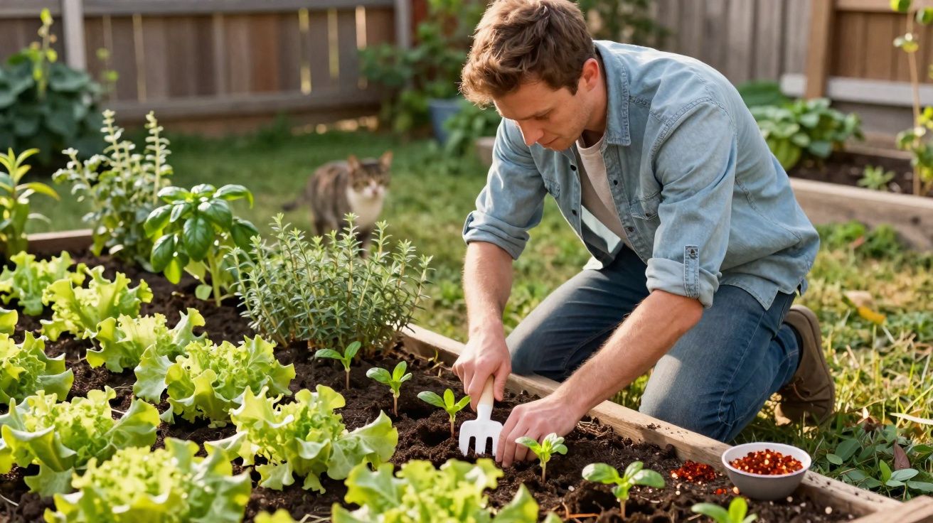 Homem cuidando de plantas em jardim com gato ao fundo e vaso com sementes ao lado.