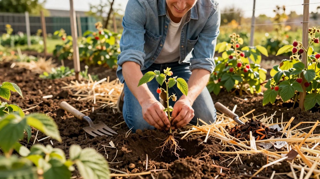 Pessoa plantando muda de morangueiro em solo com palha em horta ao ar livre durante o dia.
