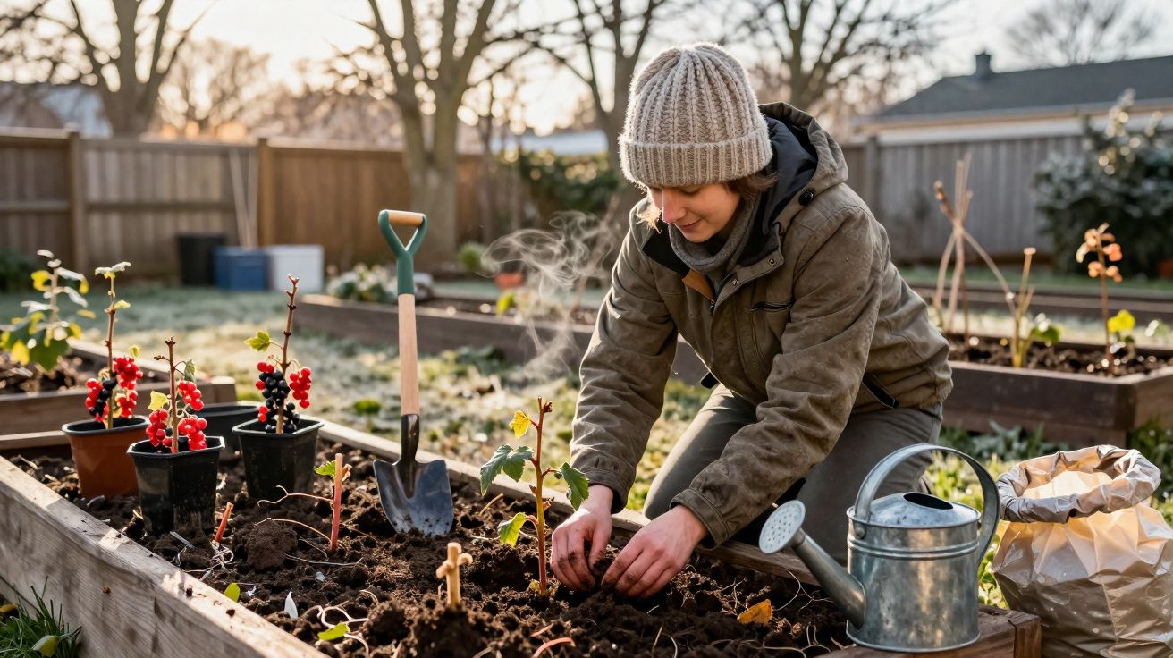 Pessoa com gorro cinza plantando em canteiro elevado durante manhã fria, com regador e pá ao lado.