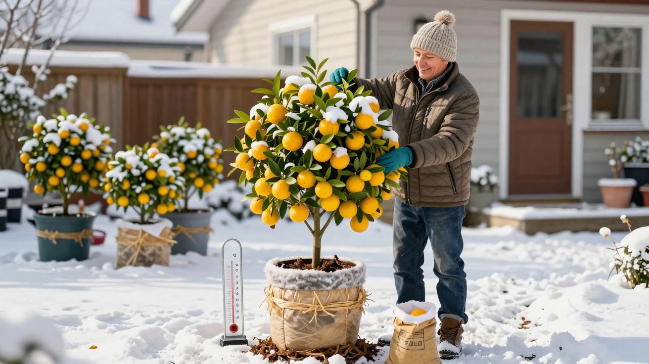 Homem cuida de árvore frutífera com limões em vaso na neve em frente a casa residencial no inverno.
