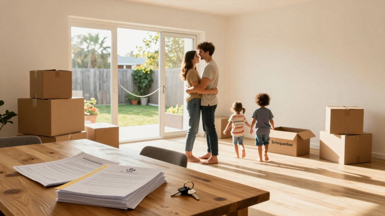 Casal abraçado e crianças caminhando em sala iluminada com caixas de mudança e documentos sobre mesa de madeira.
