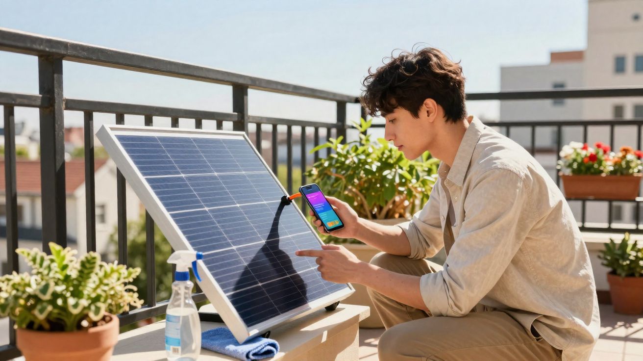 Jovem usando celular para monitorar painel solar em varanda com plantas ao redor durante o dia.