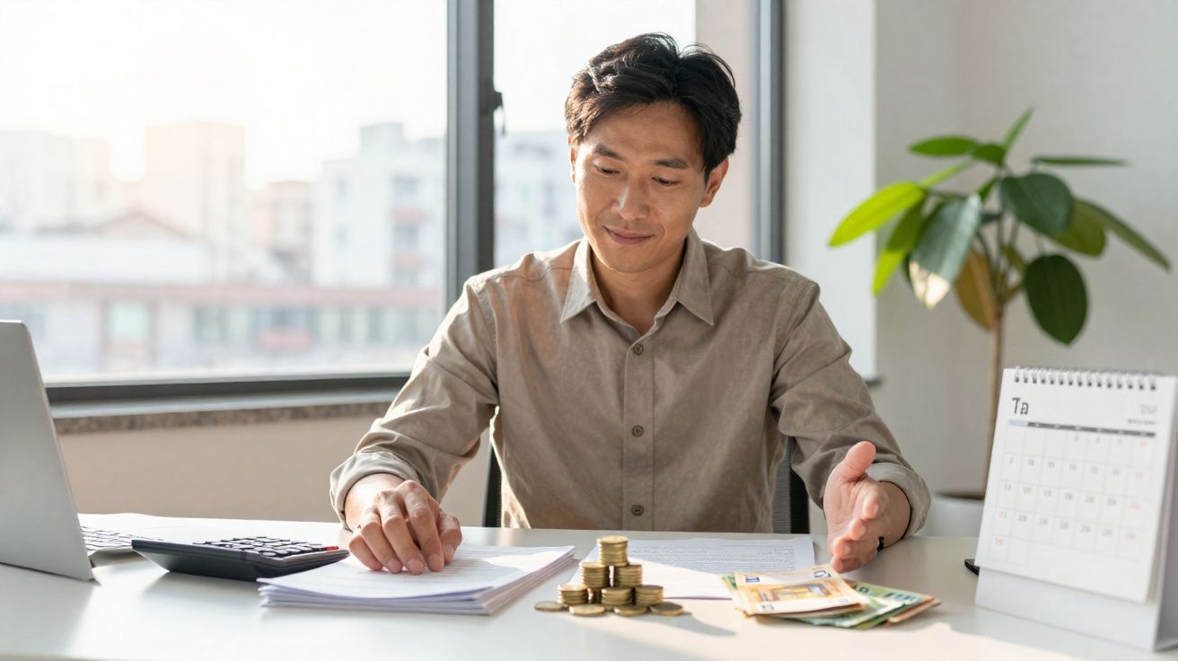 Homem asiático sorrindo enquanto conta moedas e notas em mesa de escritório iluminado.