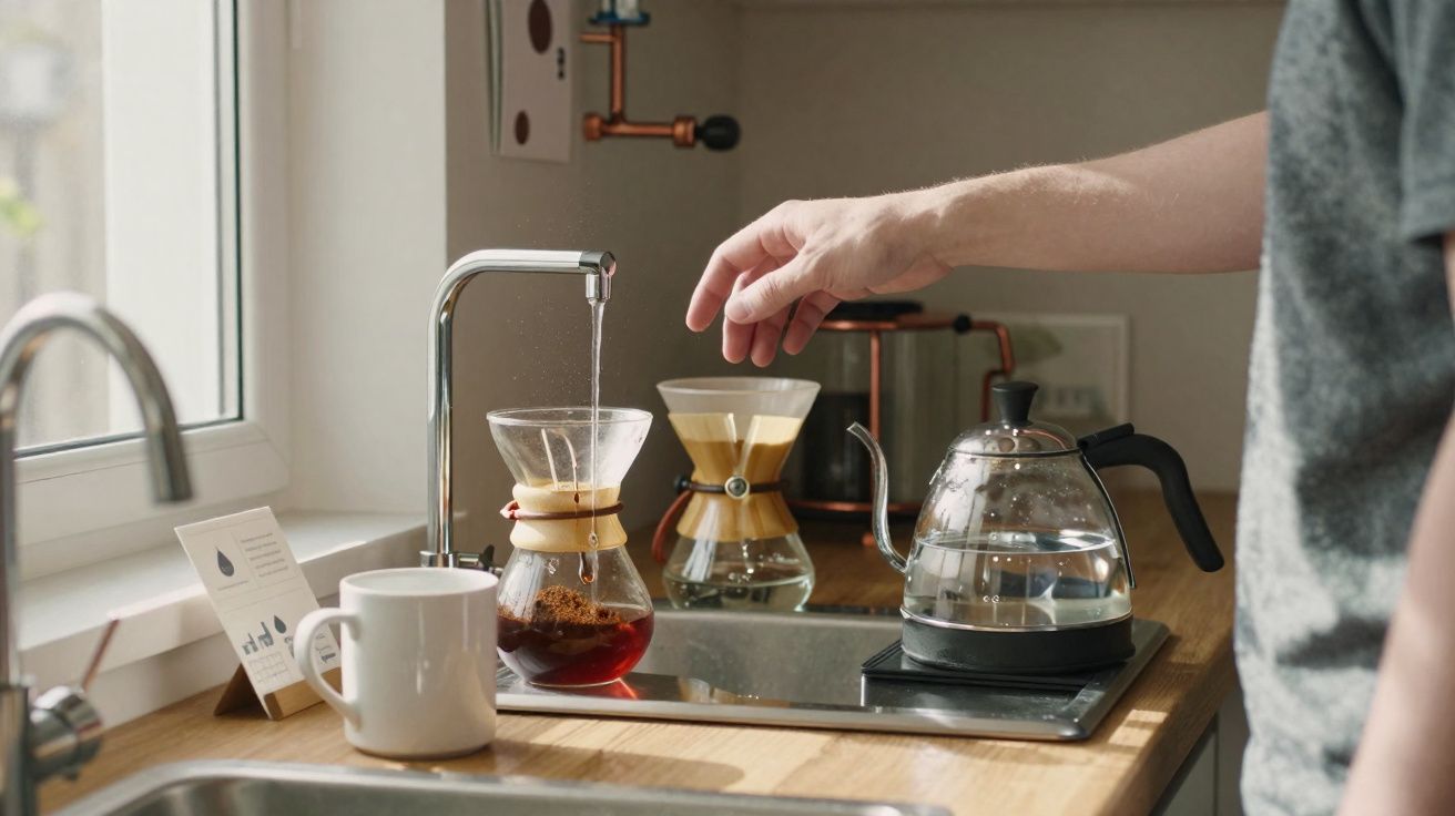 Pessoa preparando café com método Chemex em cozinha iluminada por janela durante o dia.
