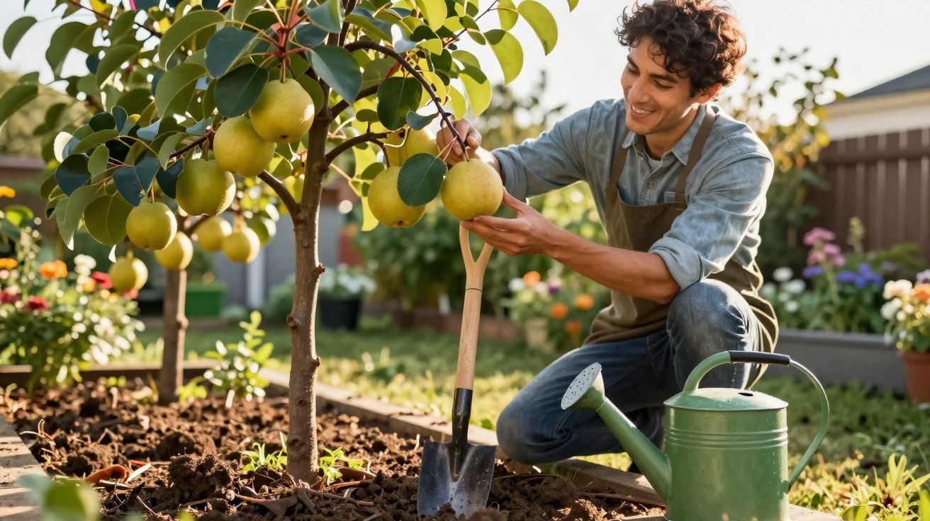 Homem sorridente colhendo peras em árvore no jardim, com regador e pá ao lado.