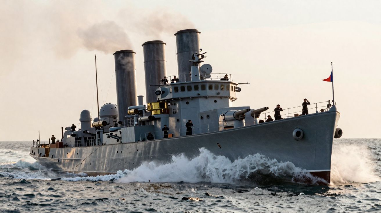 Navio de guerra antigo saindo do mar com três chaminés e pessoas a bordo em dia claro.