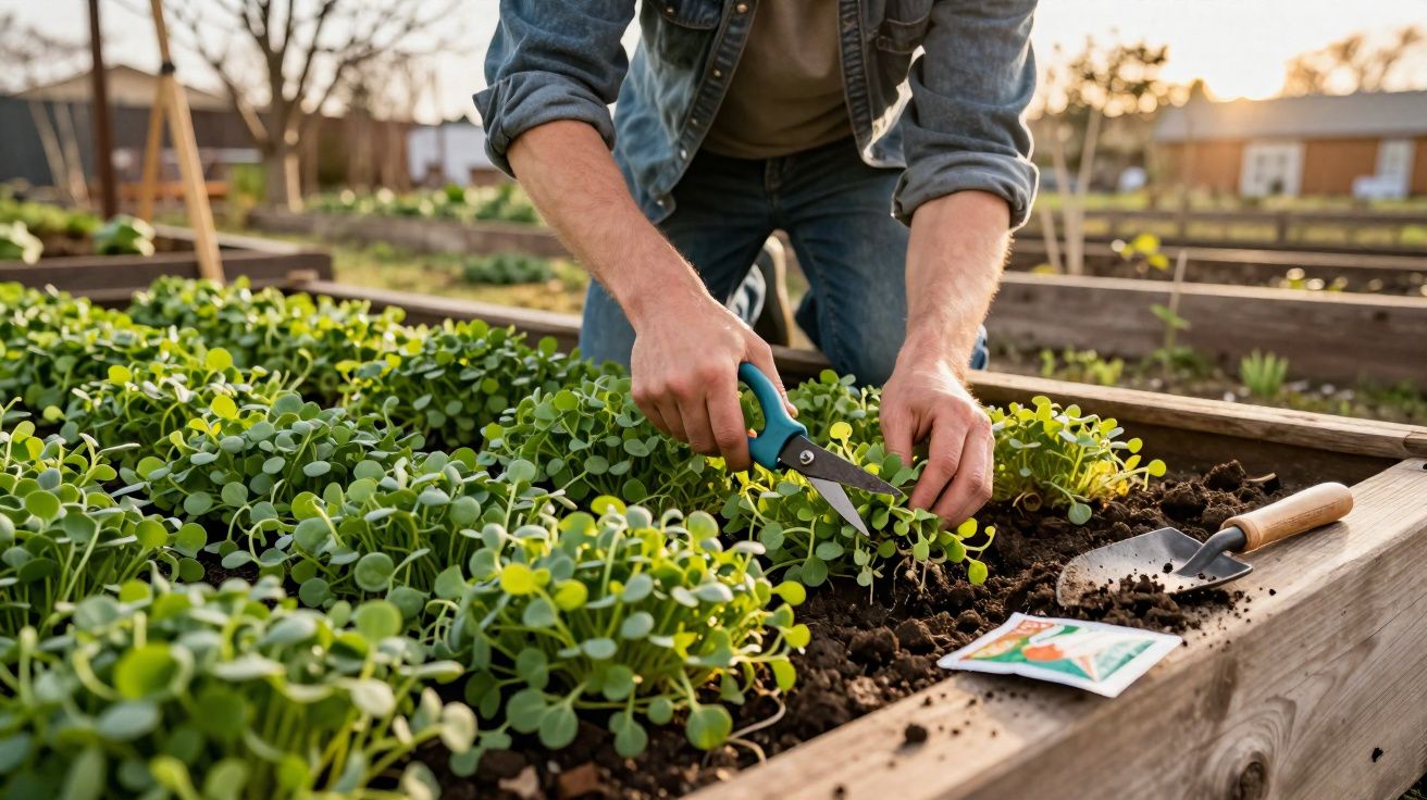 Pessoa colhendo mudas verdes em canteiro de madeira em jardim ao ar livre.