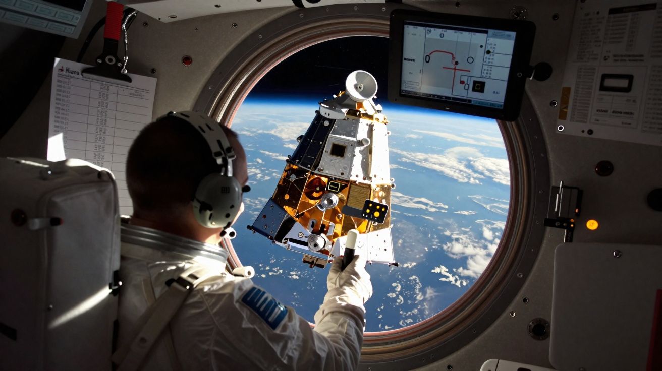 Astronauta na Estação Espacial observa módulo espacial próximo a janela com vista da Terra ao fundo.