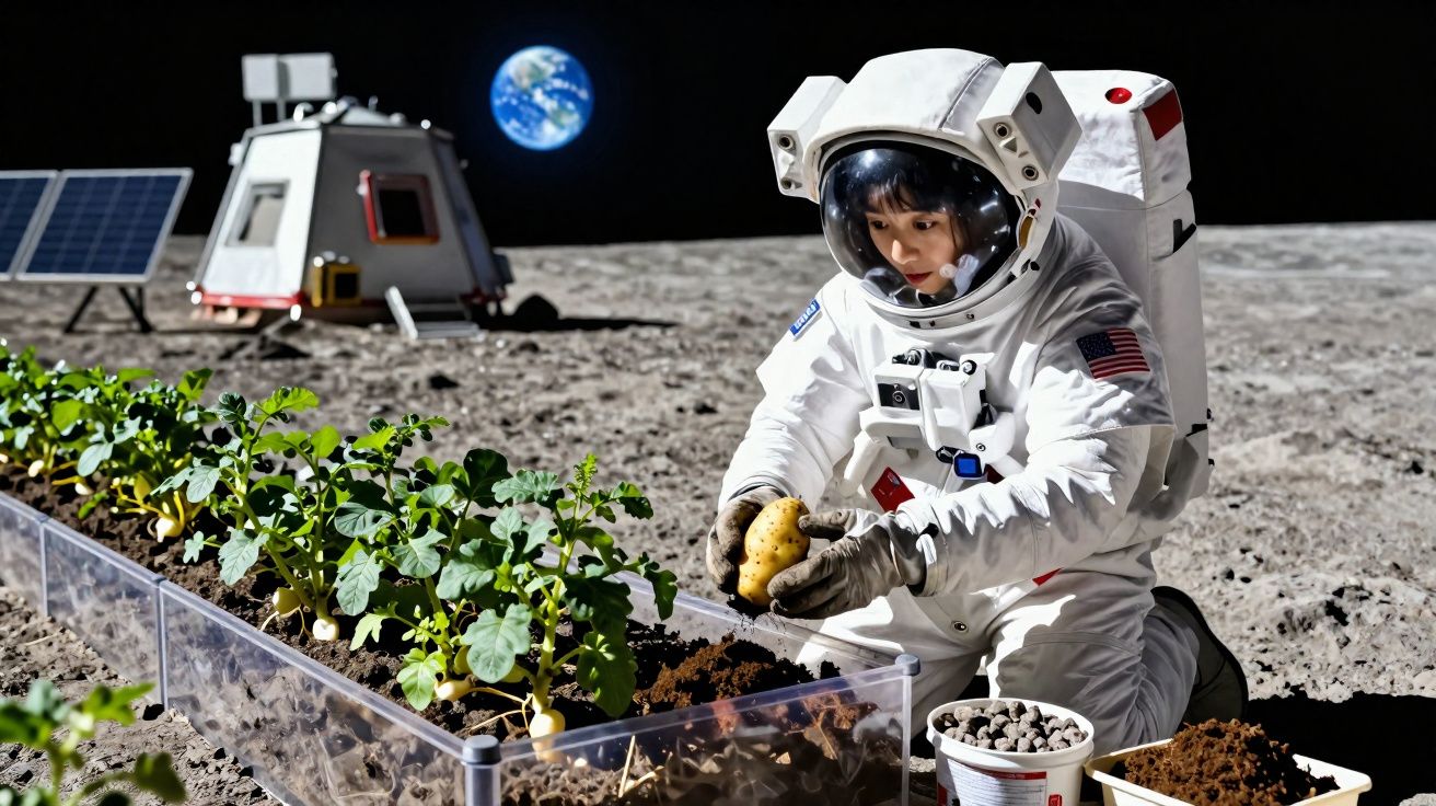 Astronauta colhendo batata em plantação lunar com Terra ao fundo e módulo espacial próximo.