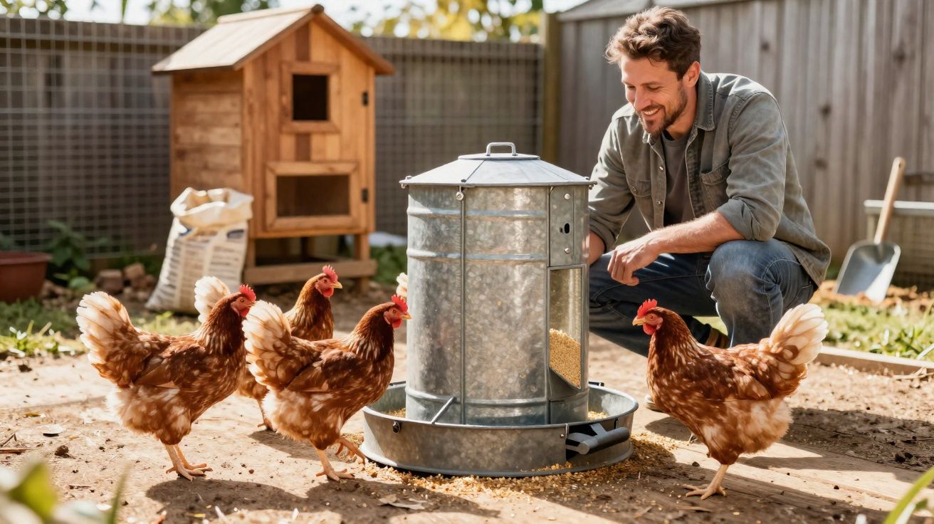 Homem alimenta galinhas em um galinheiro com comedouro metálico e casinha de madeira ao fundo.
