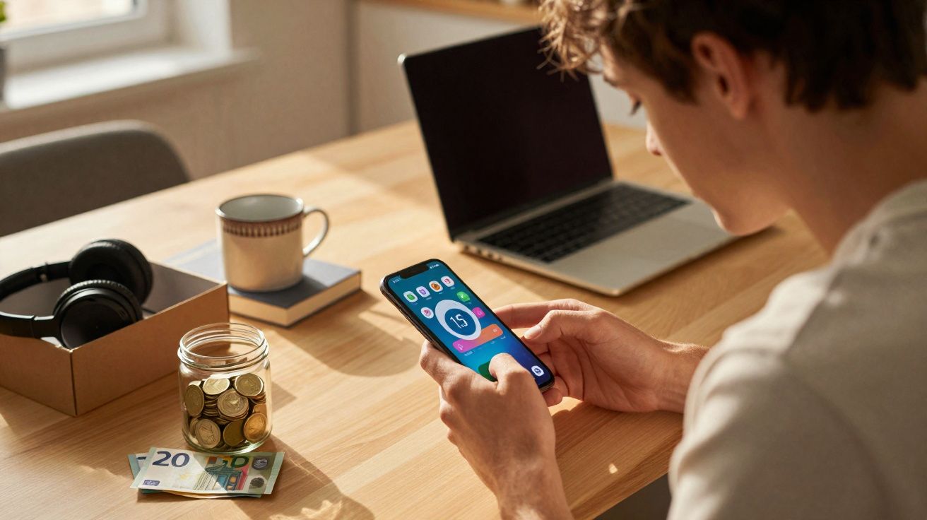 Pessoa segurando smartphone com app aberto, à mesa com laptop, caderno, fones, moedas e dinheiro.