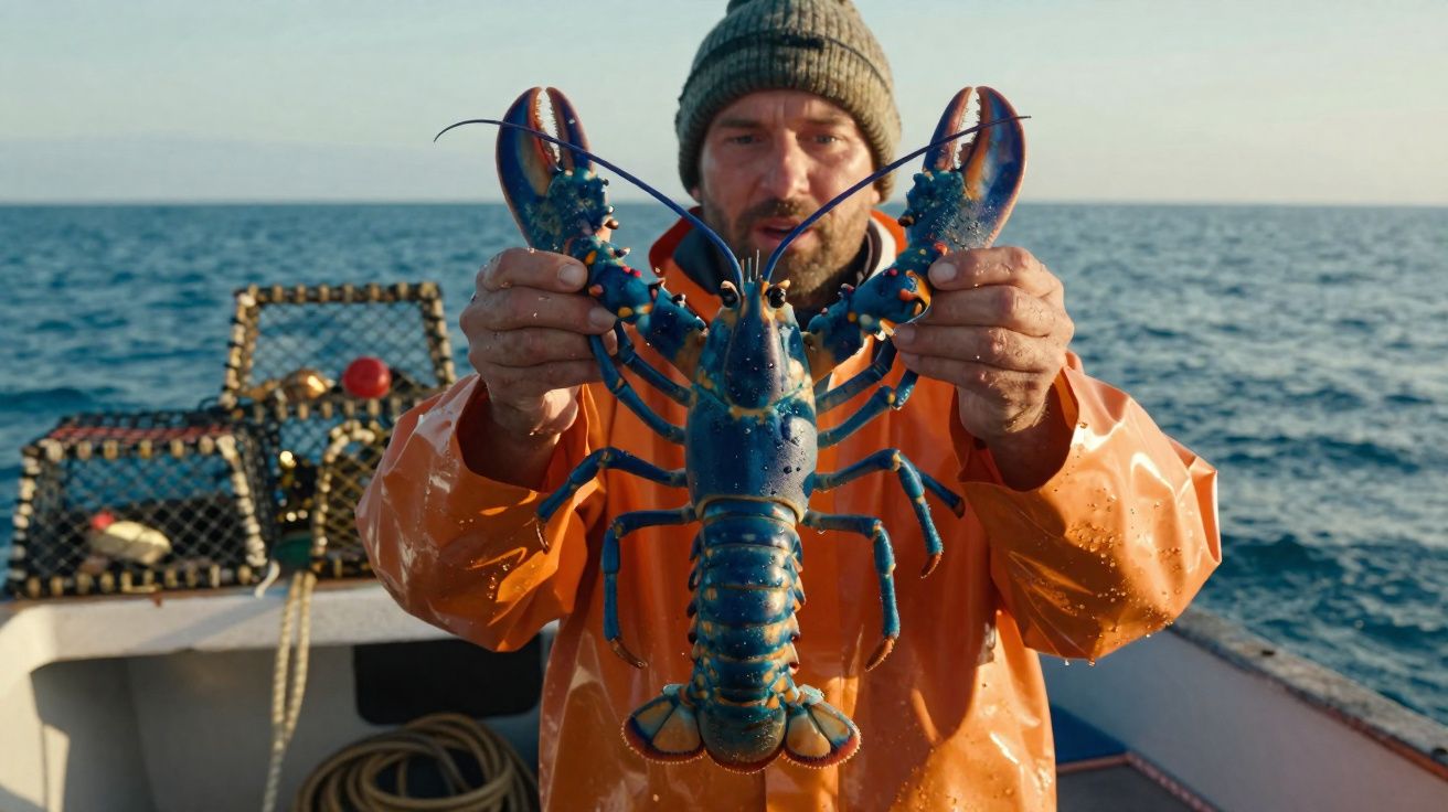 Pescador com roupa laranja segura lagosta azul em barco no mar calmo durante o dia.