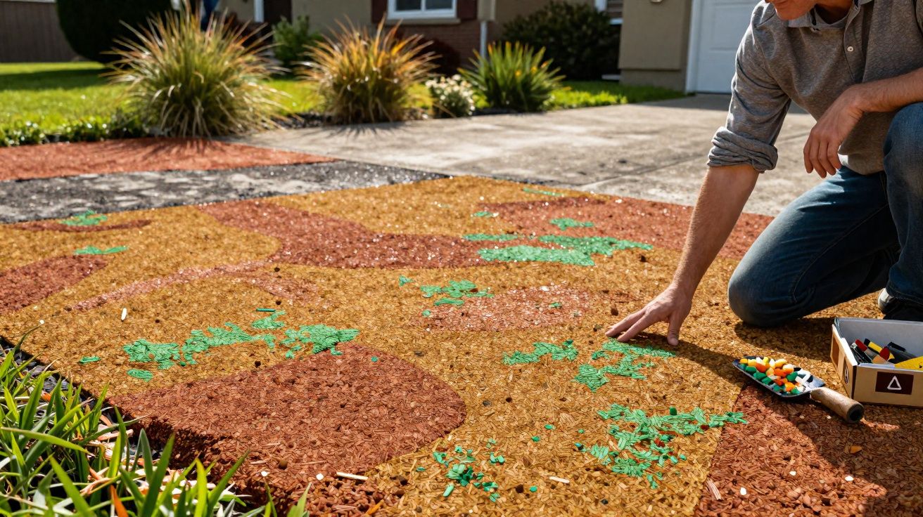 Pessoa ajoelhada decorando jardim com sementes coloridas em área externa de casa.