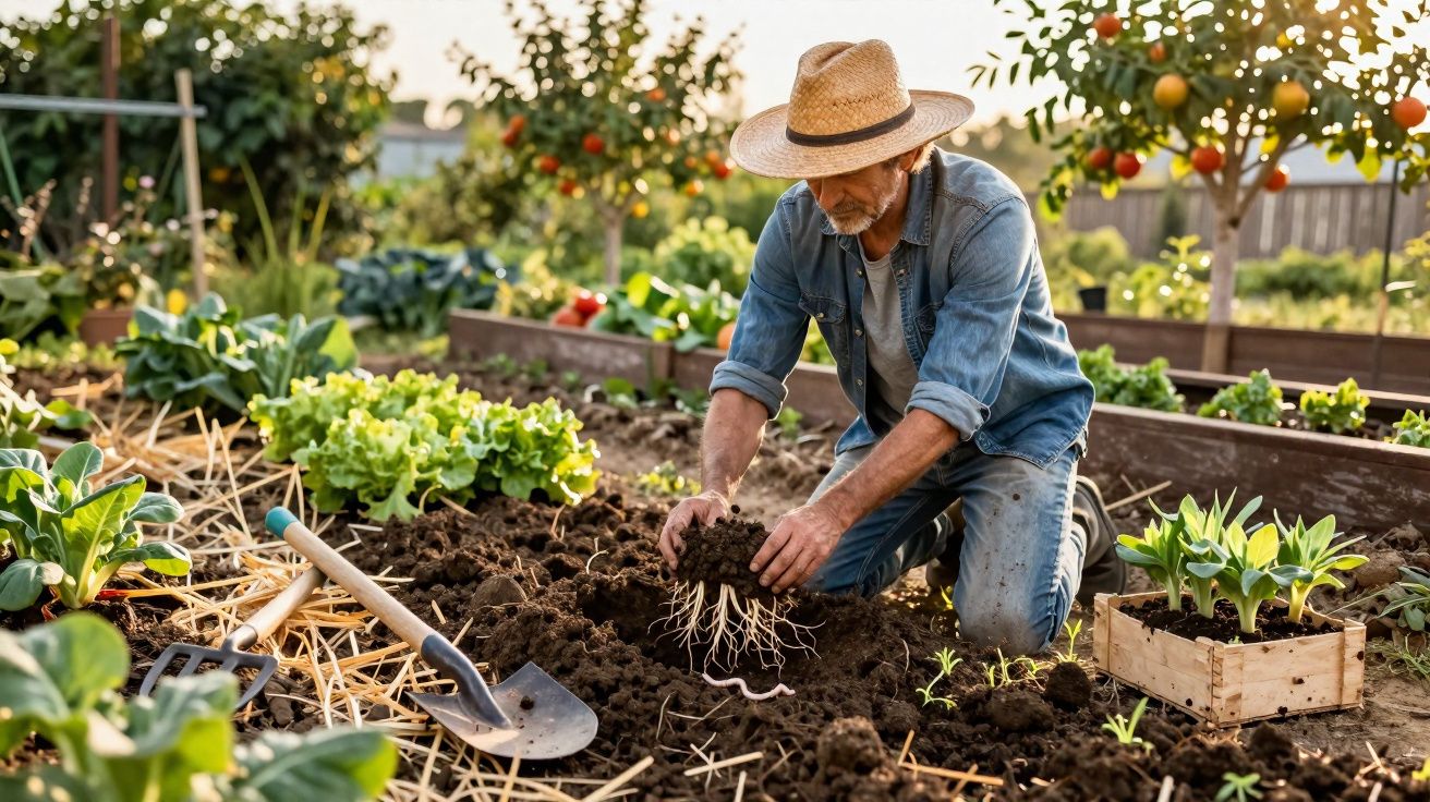 Homem idoso com chapéu planta mudas em horta com diversos vegetais ao redor em dia ensolarado.