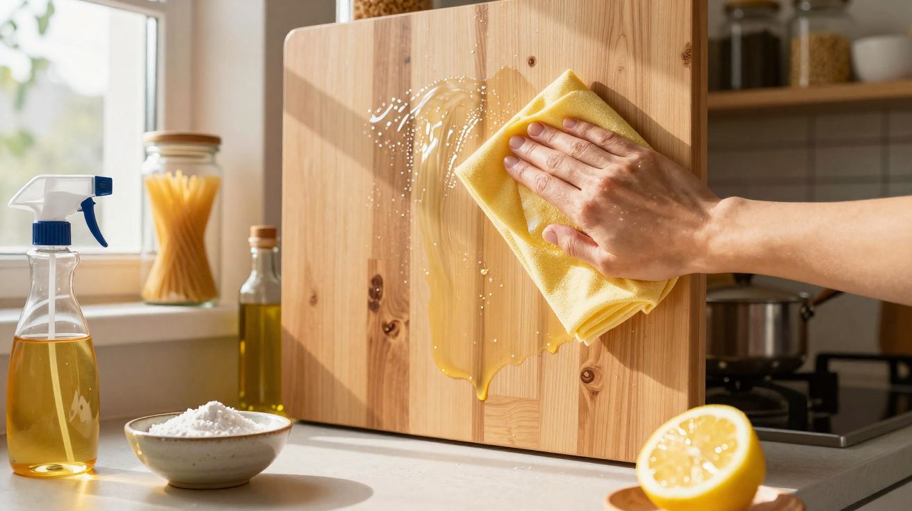 Mão limpando tábua de madeira com pano amarelo e produtos naturais na bancada da cozinha.