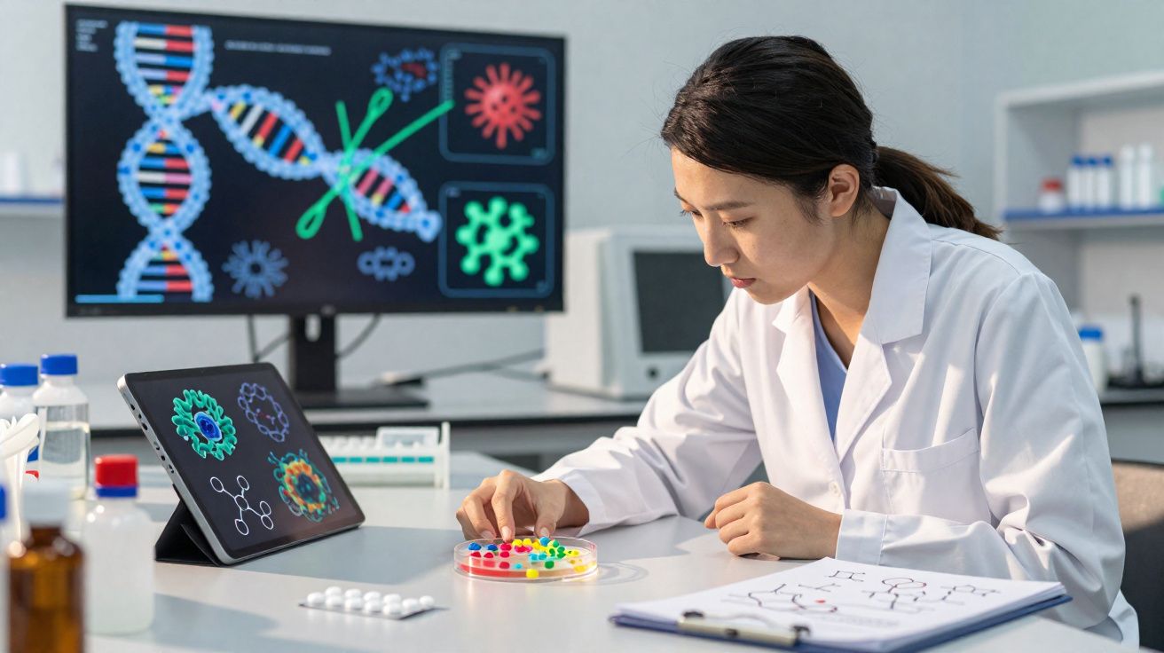 Mulher cientista em jaleco branco analisa placa de Petri com modelos coloridos em laboratório de biotecnologia.